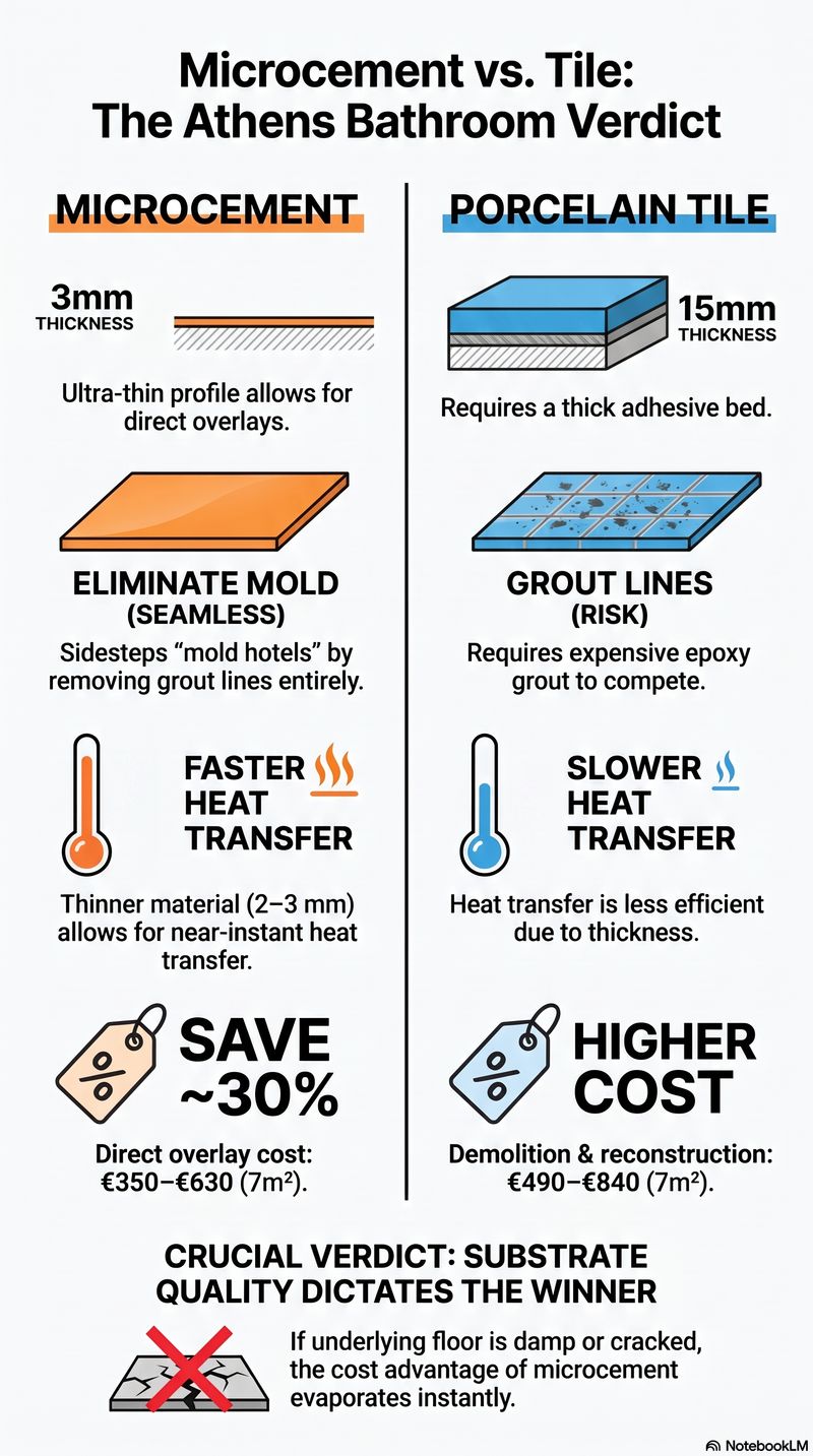 An educational infographic titled "Microcement vs. Tile: The Athens Bathroom Verdict" comparing both materials side by side for a 7 m² layout. Microcement (orange column) highlights: 3mm thickness allowing direct overlays; seamless surface that eliminates mold; faster near-instant heat transfer; and a ~30% lower cost of €350–€630. Tile (blue column) highlights: 15mm thickness requiring a thick adhesive bed; grout line risks requiring expensive epoxy grout; slower, less efficient heat transfer; and a higher cost of €490–€840 due to full demolition and reconstruction. The bottom verdict states: "Substrate Quality Dictates the Winner. If underlying floor is damp or cracked, the cost advantage of microcement evaporates instantly.