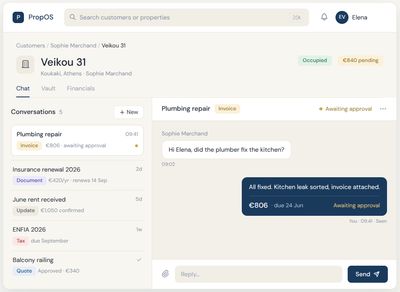 PropOS asset dashboard showing an €806 plumbing invoice awaiting owner approval in a threaded conversation.